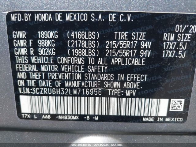 3CZRU6H32LM716956 Honda Hr-v Awd Lx