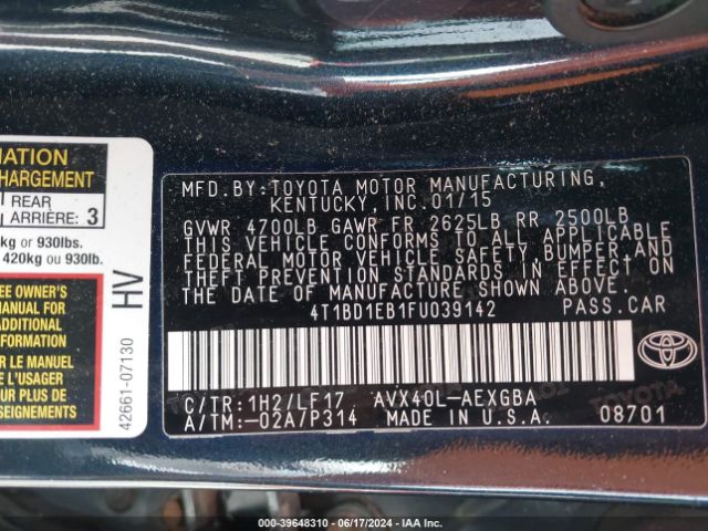 4T1BD1EB1FU039142 Toyota Avalon Hybrid Xle Premium