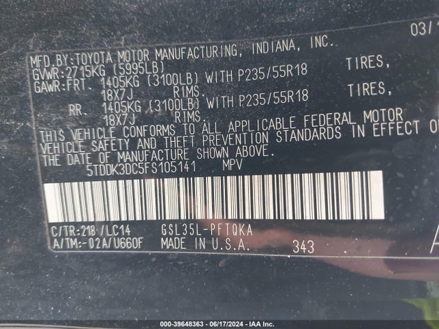Toyota Sienna Xle 7 Passenger 2015 5TDDK3DC5FS105141 Image 9