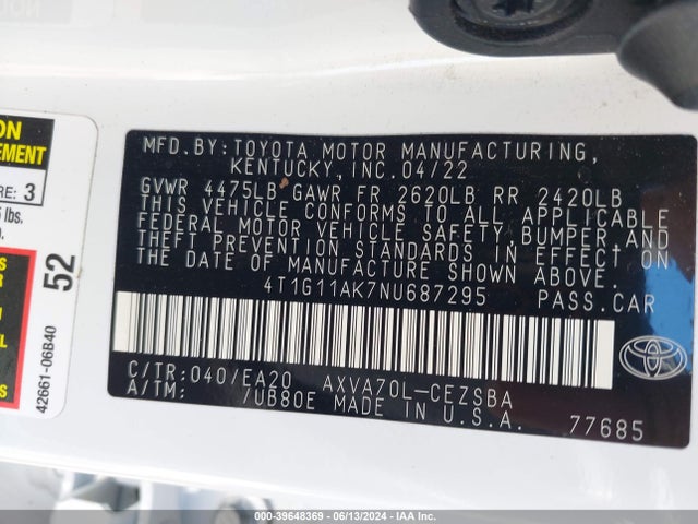 Toyota CAMRY SE 2022 4T1G11AK7NU687295 Image 9