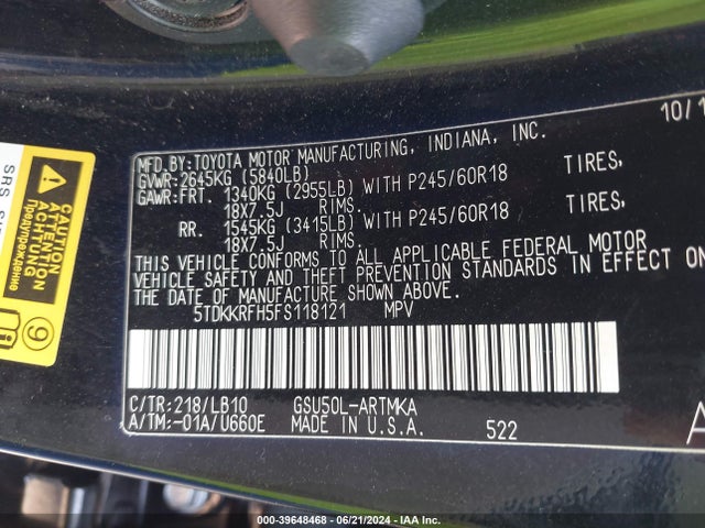 Toyota Highlander Xle V6 2015 5TDKKRFH5FS118121 Image 9