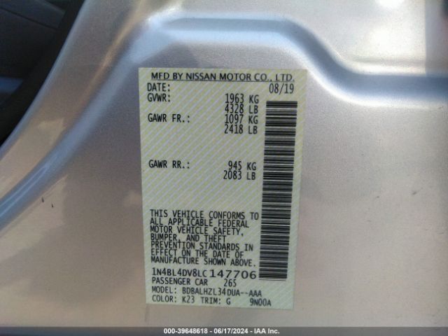 1N4BL4DV8LC147706 Nissan Altima Sv Fwd