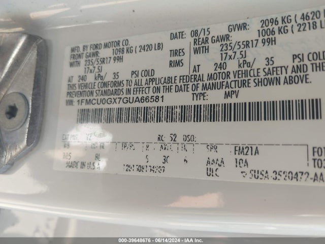 Ford ESCAPE SE 2016 1FMCU0GX7GUA66581 Image 9