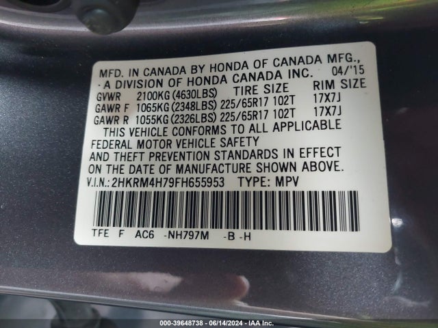 Honda Cr-v Ex-l 2015 2HKRM4H79FH655953 Image 9
