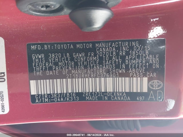 Toyota COROLLA LE 2015 2T1BURHE8FC376901 Image 9