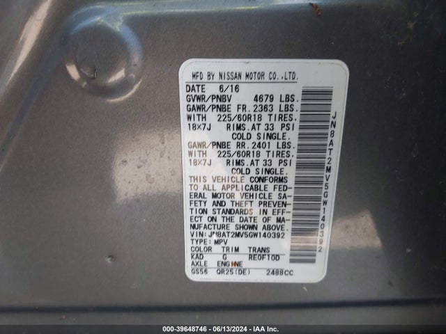 JN8AT2MV5GW140392 Nissan Rogue Sl