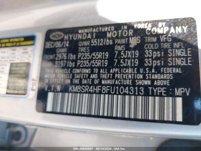 KM8SR4HF8FU104313 Hyundai Santa Fe Limited