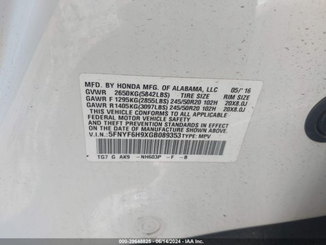 5FNYF6H9XGB089353 Honda Pilot Touring