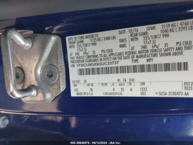 Ford ESCAPE SE 2016 1FMCU9GX9GUC33737 Image 9