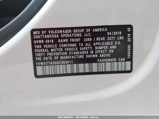 1VWAT7A30GC053011 Volkswagen Passat 1.8t S