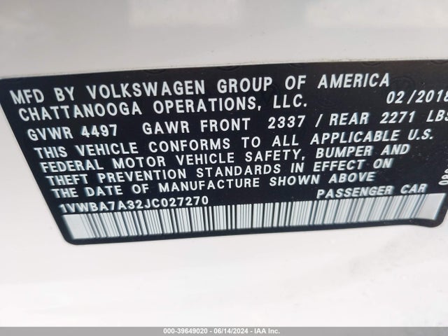 1VWBA7A32JC027270 Volkswagen Passat 2.0t Se