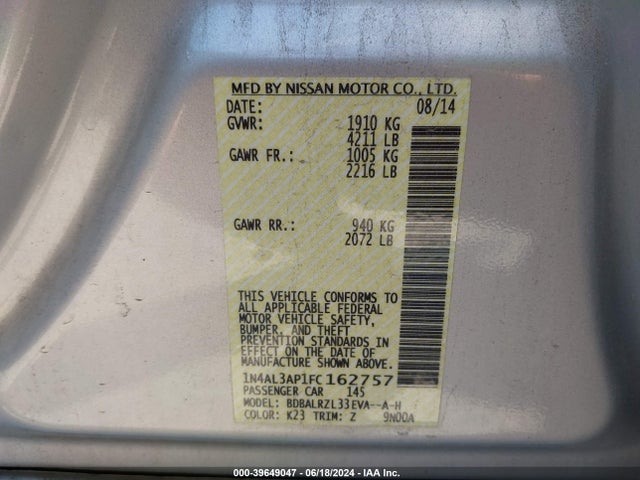 Nissan Altima 2.5 Sl 2015 1N4AL3AP1FC162757 Image 9