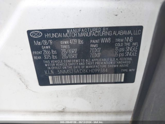 5NMS23AD8KH099384 Hyundai Santa Fe Se