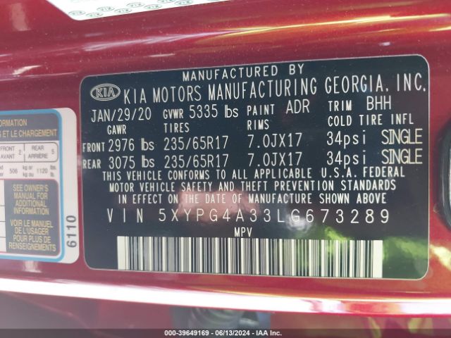 5XYPG4A33LG673289 KIA Sorento 2.4l Lx