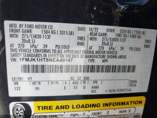 Ford Expedition Xlt Max 2022 1FMJK1HT8NEA49147 Image 9