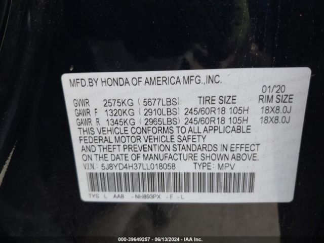5J8YD4H37LL018058 Acura Mdx Standard