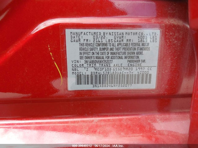 Nissan Sentra Sr Xtronic Cvt 2022 3N1AB8DV6NY252077 Image 9