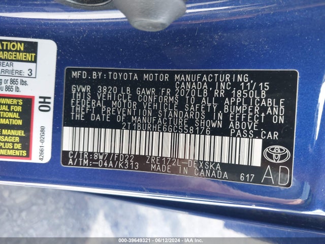 Toyota Corolla S Plus 2016 2T1BURHE6GC558176 Image 9