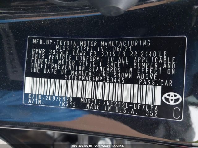 5YFEPMAE4MP263445 Toyota COROLLA LE
