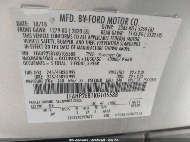 1FAHP2E81KG105588 Ford TAURUS SEL