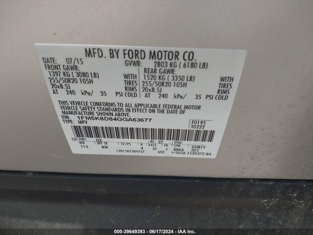 1FM5K8D84GGA63677 Ford EXPLORER XLT
