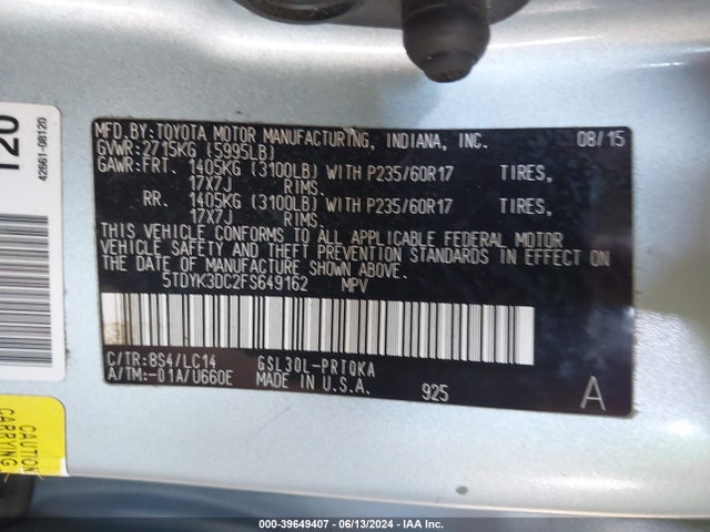Toyota Sienna Xle 8 Passenger 2015 5TDYK3DC2FS649162 Image 9