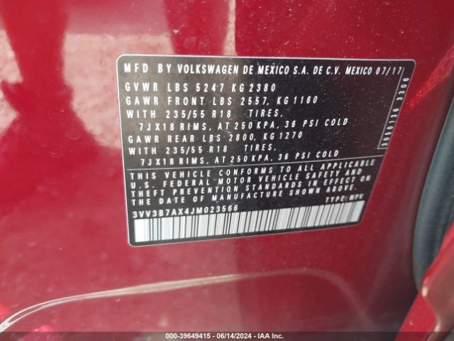 3VV3B7AX4JM023566 Volkswagen Tiguan 2.0t Se/2.0t Sel