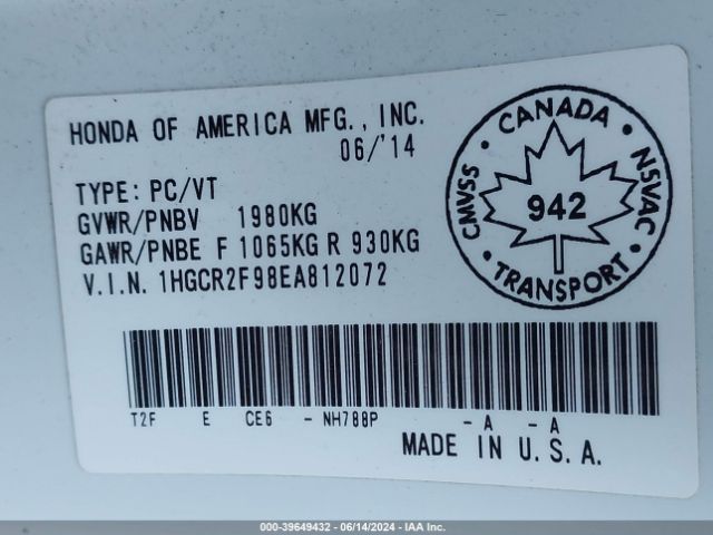 2014 HONDA ACCORD SEDAN 1HGCR2F98EA812072 Photo 8