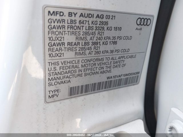 WA1EVAF15MD034389 Audi Q8 Premium Plus 55 Tfsi Quattro Tiptronic