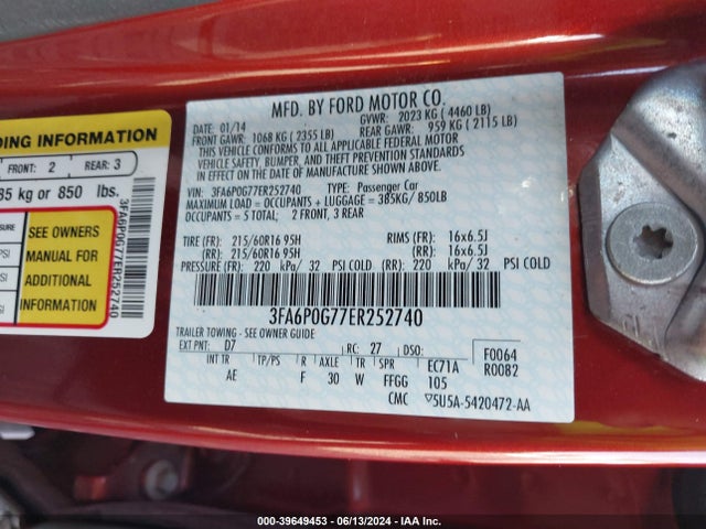 Aukcja sprzedaży 2014 Ford Fusion S, vin: 3FA6P0G77ER252740, numer aukcji: 39649453