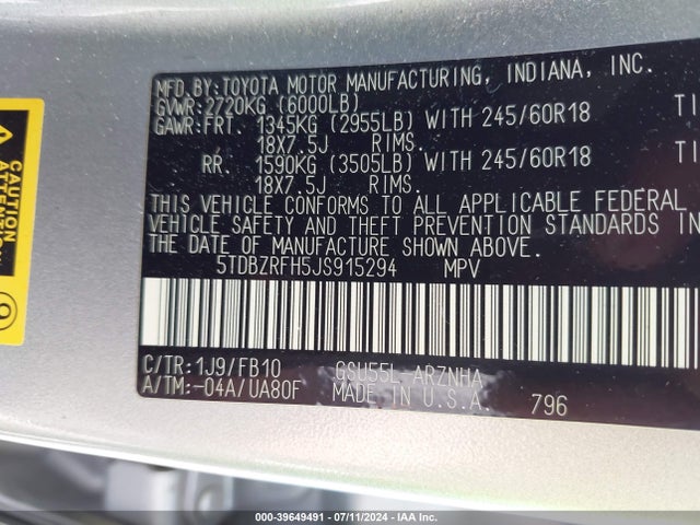 Toyota Highlander Le 2018 5TDBZRFH5JS915294 Image 9