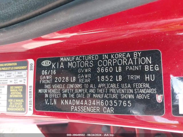 KNADM4A34H6035765 KIA RIO LX