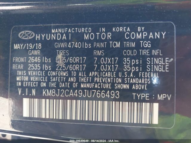 KM8J2CA49JU766493 Hyundai TUCSON SE
