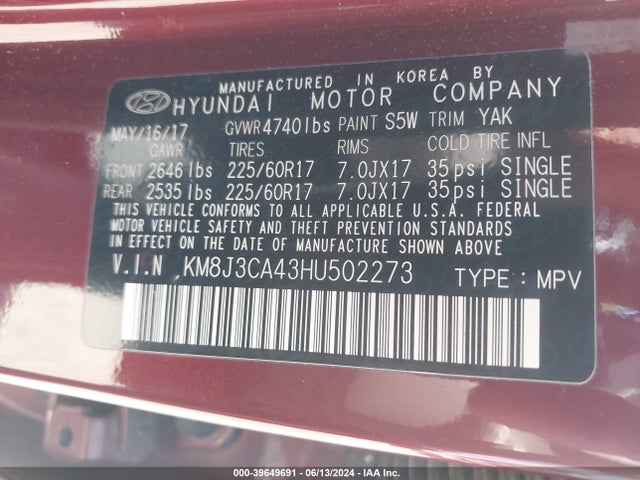 Hyundai TUCSON SE 2017 KM8J3CA43HU502273 Image 9