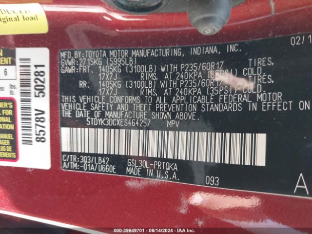 5TDYK3DCXES464257 Toyota Sienna Xle V6 8 Passenger