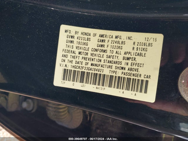 Honda ACCORD LX 2016 1HGCR2F33GA094820 Image 9