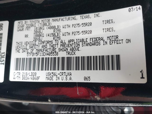5TFBY5F11EX405538 Toyota Tundra Limited 5.7l V8