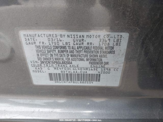 3N1CN7AP8GL882554 Nissan Versa 1.6 S