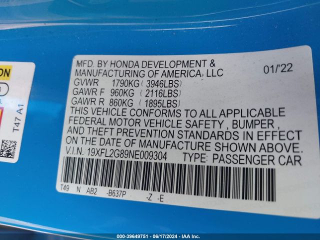 19XFL2G89NE009304 Honda Civic Sport