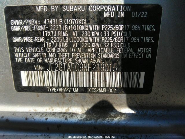JF2GTAEC9NH219015 Subaru Crosstrek Premium