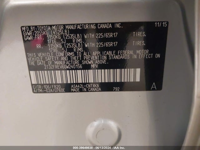 Toyota RAV4 LE 2016 2T3ZFREV6GW240156 Image 9