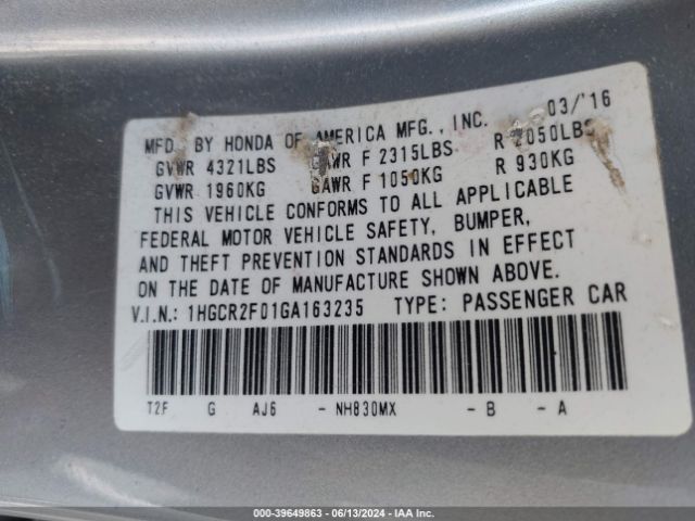 1HGCR2F01GA163235 Honda ACCORD EX