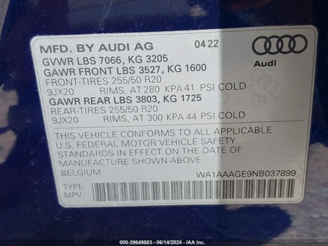 WA1AAAGE9NB037899 Audi E-tron Premium Quattro