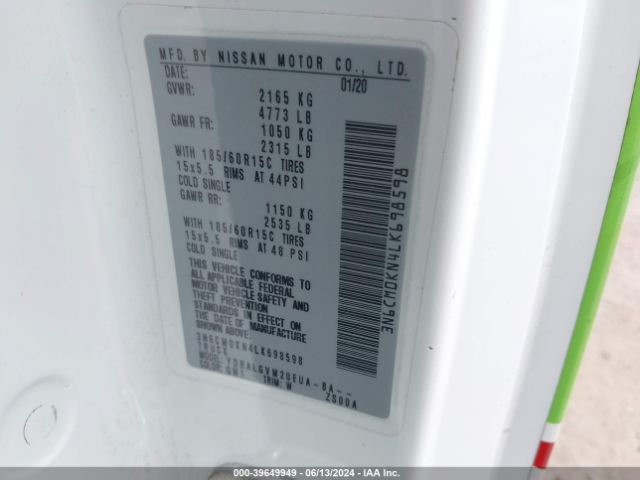 3N6CM0KN4LK698598 Nissan Nv200 Compact Cargo Sv Xtronic Cvt