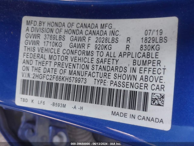 Honda Civic Lx 2019 2HGFC2F66KH579973 Image 9