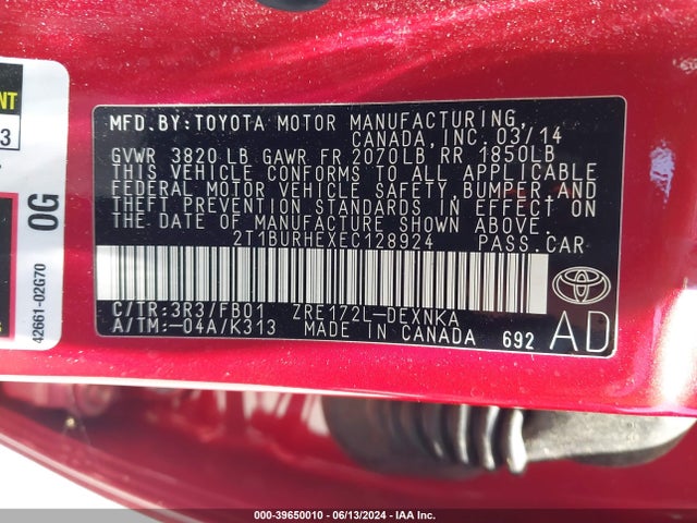 Toyota COROLLA LE 2014 2T1BURHEXEC128924 Image 9