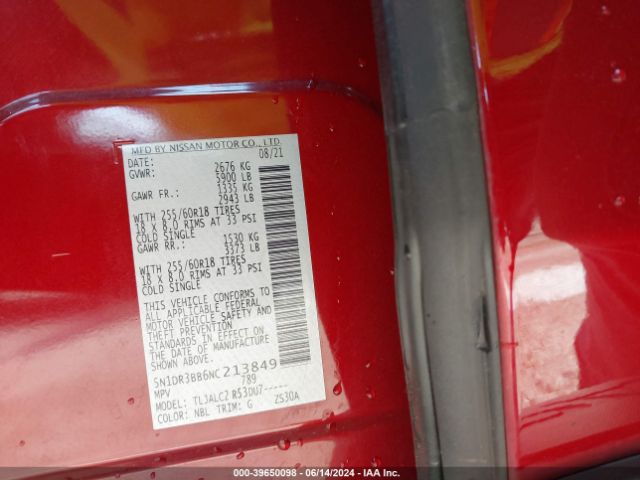 5N1DR3BB6NC213849 Nissan Pathfinder Sv 2wd