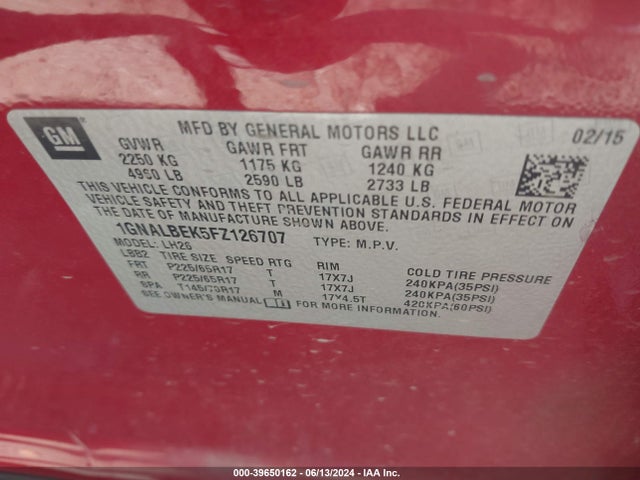 Chevrolet EQUINOX 1LT 2015 1GNALBEK5FZ126707 Image 9