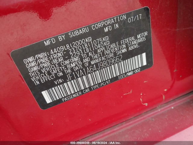 Subaru WRX 2018 JF1VA1A64J9809662 Image 9