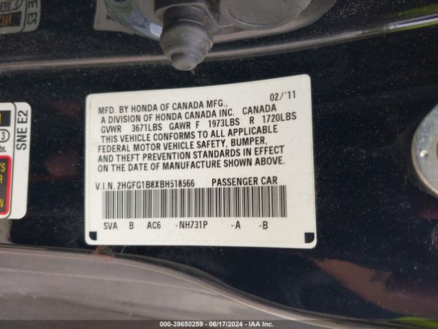 Auction sale of the 2011 Honda Civic Ex, vin: 2HGFG1B8XBH518566, lot number: 39650259
